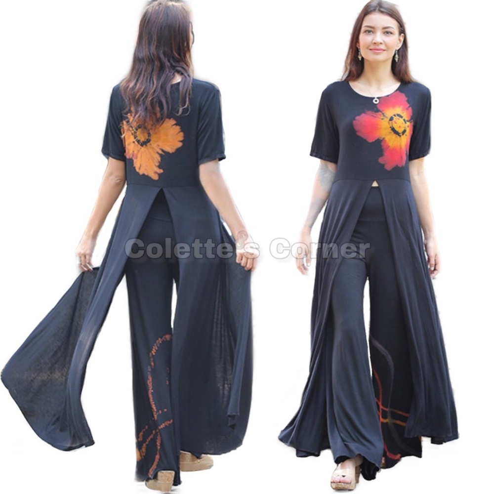 Eastern Serenity Hand Dyed Floral High Slit Long Black Short Sleeve Tunic Top